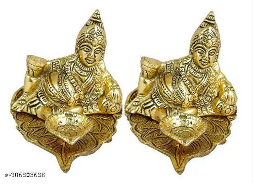 Metal Kuber Deepak murti set of 2 for money and vastu, home decoration, office decoration, gift item. Indian-made God idols, each 11cm tall, 9cm high, and 7cm wide