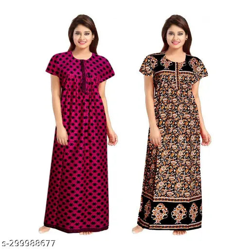 Cotton nightgown with printed net pattern, short sleeves, adjustable for L, XL, XXL, and Free Size. Ultimate comfort in 100% soft cotton fabric