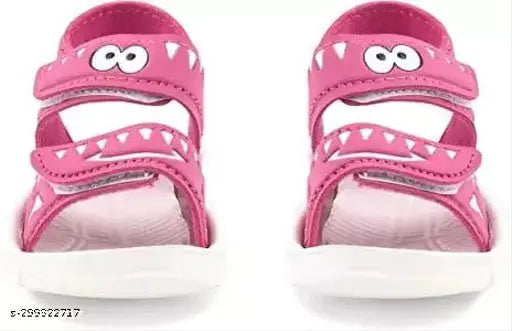 Pink children's sandal with cartoon character design, adjustable ankle strap