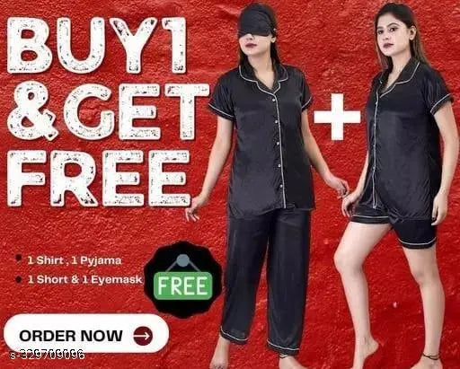 Satin nightsuit set (shirt, pajama, short, eyemask) in best quality, soft and sturdy elastic closure for comfort - India-made women's sleepwear