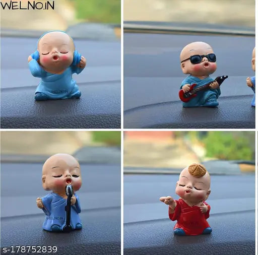Small synthetic resin Buddha monk statues set (4 pcs) - Eco-friendly polyresin material, perfect for car dashboards or home decor. Inspiring happiness & prosperity. Ethically sourced, easy to clean, and non-fade paint job. Made by Welno International, India