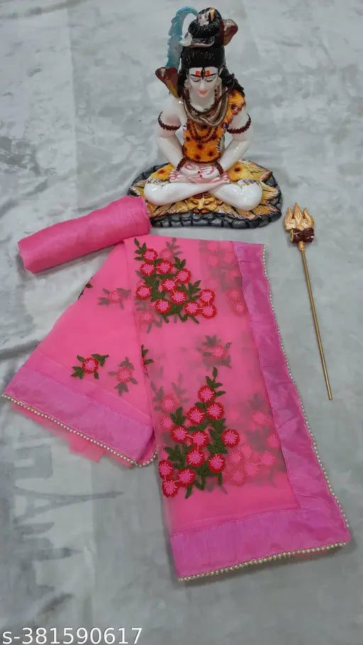 Indian net embroidered saree with cotton silk blouse, free size (5.5m saree length, 0.8m blouse length)