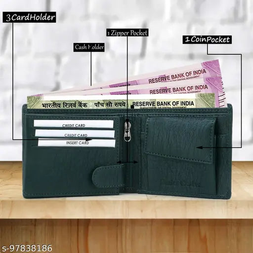 Brown PU leather center zip wallet, features multiple compartments for men's evening/party or travel use, textured net design, free size (13cm x 9cm)