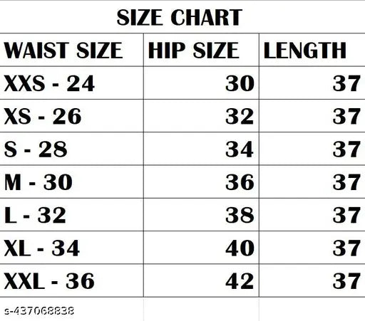 Size chart with measurements in inches and centimeters