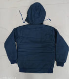 Navy jacket with a hood, visible drawstrings, and pockets