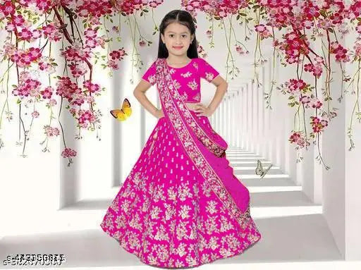Embroidered satin lehenga for baby girl with net dupatta and short sleeves, Indian traditional clothing for 2-15 years
