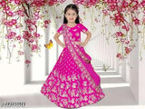 Embroidered satin lehenga for baby girl with net dupatta and short sleeves, Indian traditional clothing for 2-15 years