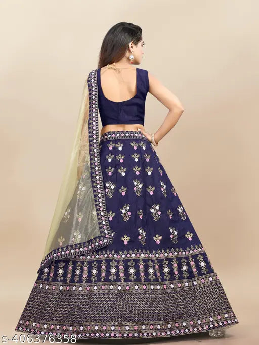 Silk baby girl's lehenga choli with blue embroidery and net dupatta, semi-stitched and unstitched, for casual, party, festival, or wedding wear