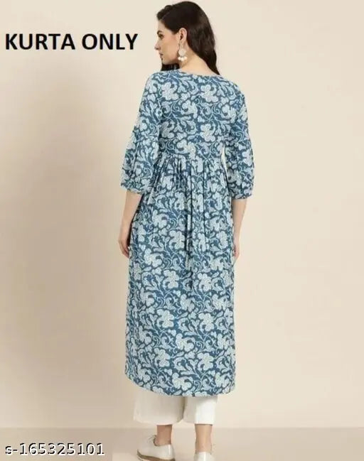 Blue printed cotton long kurta with ruffled sleeves and a flared hem.
