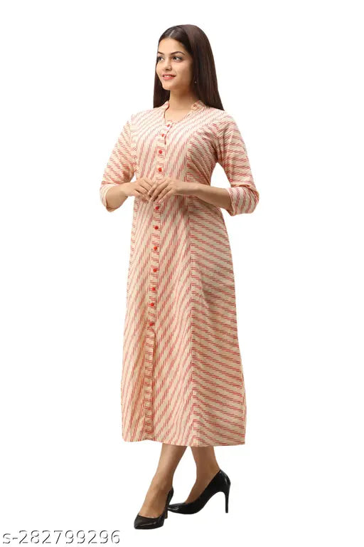Orange striped rayon cotton blend A-line kurta, three-quarter sleeves, perfect for ethnic wear