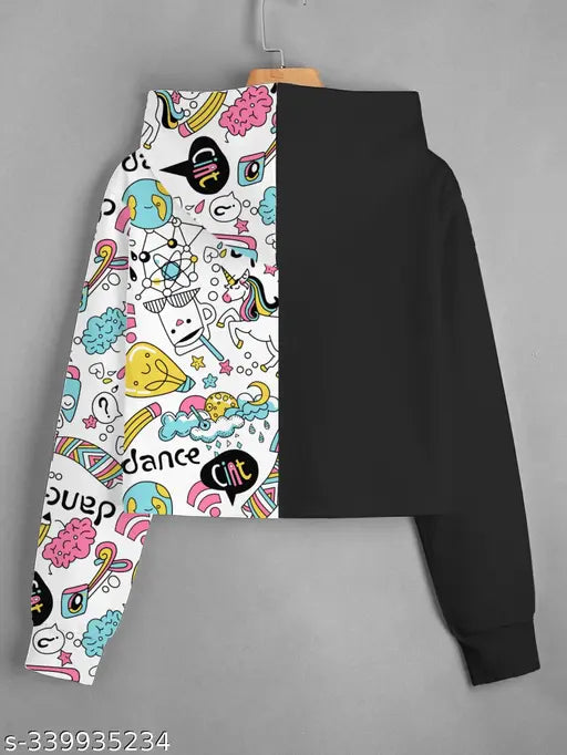 Stretchable cotton blend crop hoodies with graphic prints for girls and women, size 10-16 years
