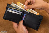 Hide Horn black leather bi-fold men's RFID wallet, featuring 4 card slots, 2 hidden slots, ID window, cash compartments, coin pocket, and RFID protection. Made in India