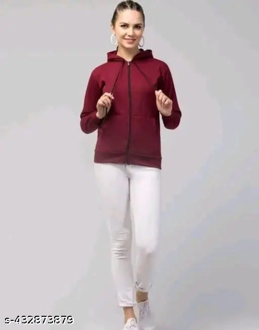 Maroon fleece hoodie and sweatshirt for women, solid pattern, vibrant color, fashionable design from India