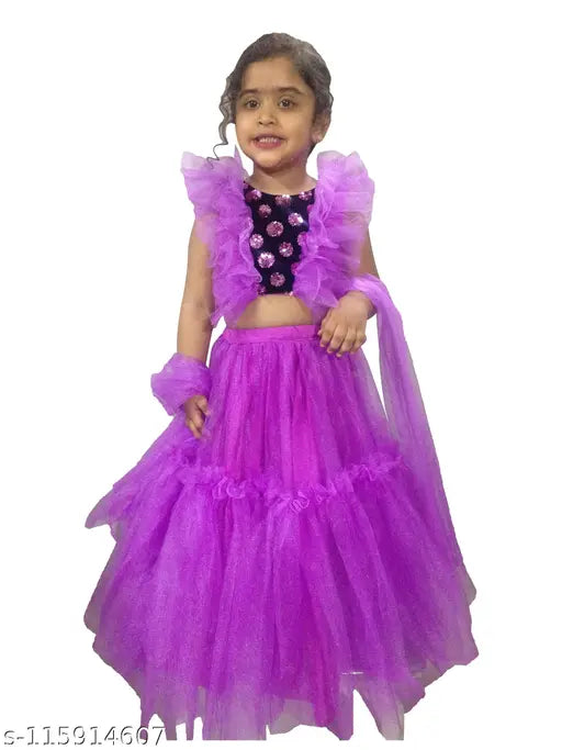 Purple net lehenga choli with sequin velvet blouse, cotton dupatta and frill top. Hand-stitched Indian traditional wear for 2-3 year old girls