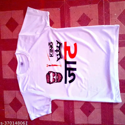 Striped polyester Jaat King T-shirt, white with short sleeves, size L, Indian clothing