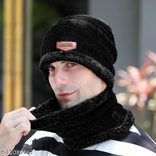 Black fleece balaclava cap with white stripe logo