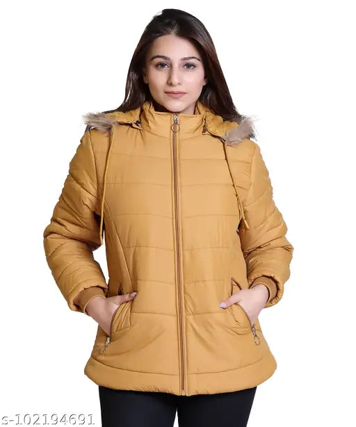 Nylon solid-pattern winter jacket for women by Indian Fort, long sleeves, zip closure