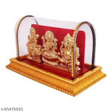 Handcrafted gold-plated brass figurine of Laxmi, Ganesh, and Saraswati for home decor, 10cmx10cmx10cm