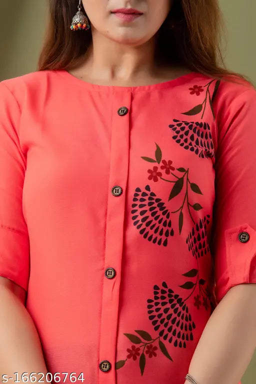 Red cotton casual kurti with floral print for women