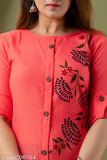 Red cotton casual kurti with floral print for women