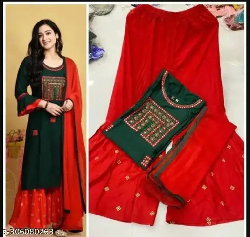 Red embroidered rayon kurta and pant set with dupatta