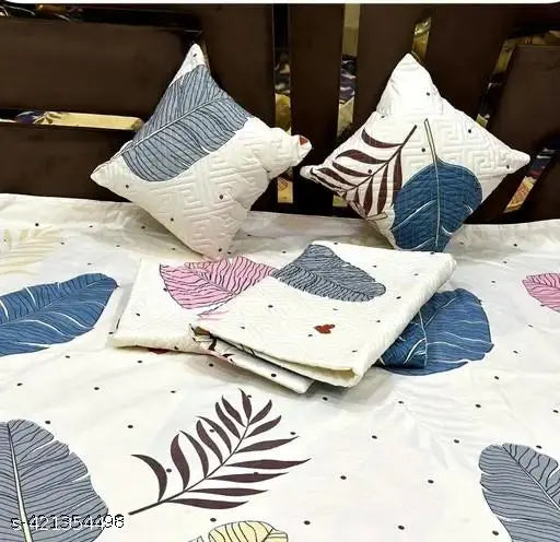 Multicolor botanical embroidered cotton 5pc bedsheet set (1King, 2 pillow covers, 2 cushions), ideal for adult use in summer season