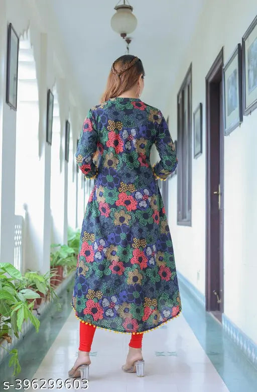 Black cotton three-quarter sleeve floral mandarin kurti, printed combo for women's fashion. Yash Gallery brand