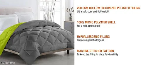 Reversible microfiber comforter single bed (220 GSM wadding, 110 GSM peached extra soft microfiber fabric), ideal for all-weather use and allergy sufferers. Diamond-stitched pattern with 6 corner loops for secure duvet cover attachment