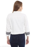 White denim jacket with navy white stripe, long sleeves, embroidered pattern. Sizes include S (18in bust, 19in length), M (19in bust, 19in length), L (20in bust, 20in length), XL (21in bust, 20in length). Made in India