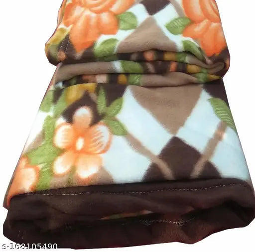 Microfiber brown-white-orange floral print AC room fleece blanket, perfect for cool nights