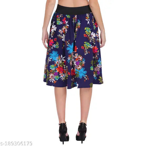 Blue Floral & Pink Black Base Print Mid Calf Length Women's Skirt Combo Pack 2 (Grace Diva Crepe Polyester) - Sizes available: 26, 28, 30, 32, 34, 36