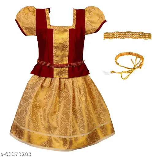 Traditional Indian Chanderi Silk Lehenga Choli in South Style Kerala Chandrika, short-sleeved zari woven top with matching chanderi silk lehenga, ideal for 6-12 months or 5-6 years