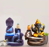 Blue bhuddha & gold Ganesh idol with free 20 scented backflow cones, poly resin Indian Dhoop Batti stand for home decor or gift
