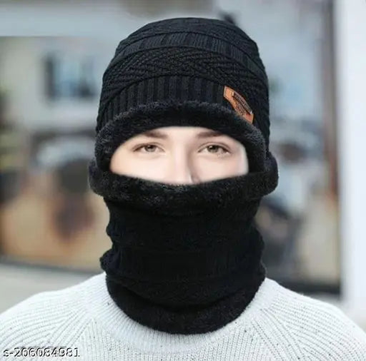 Black wool cap set, onesize fur patterned black neck cap from India