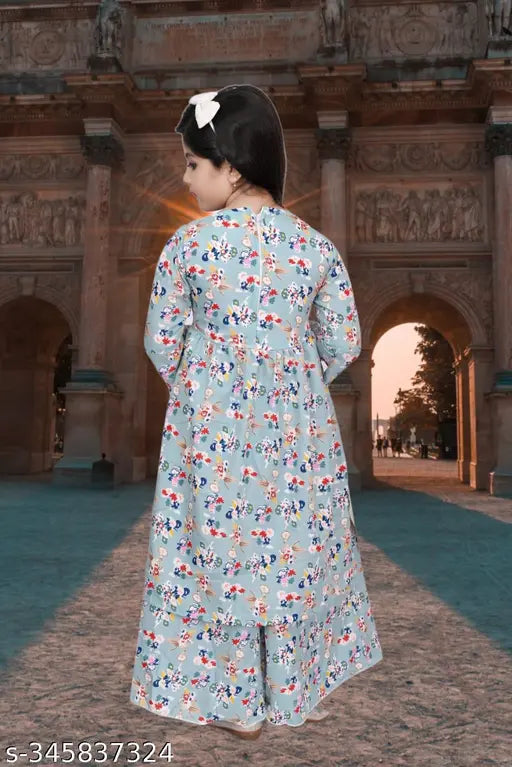modern girls cotton blend kurta & palazzo set, printed A-line sharara style with three-quarter sleeves, sizes 4-12 years, Indian origin