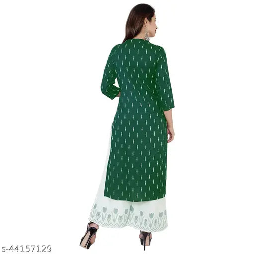 Dark green & white rayon print Palazzo pant kurta set with batik front slit, no dupatta - VISVA DESIGNER latest ethnic women's fashion