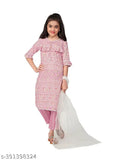 Baby pink cotton kurta with net dupatta set for girls, traditional embroidered design, Indian fashion for functions, festivals, parties, events, birthdays, Ramzan, Diwali, Holi, wedding