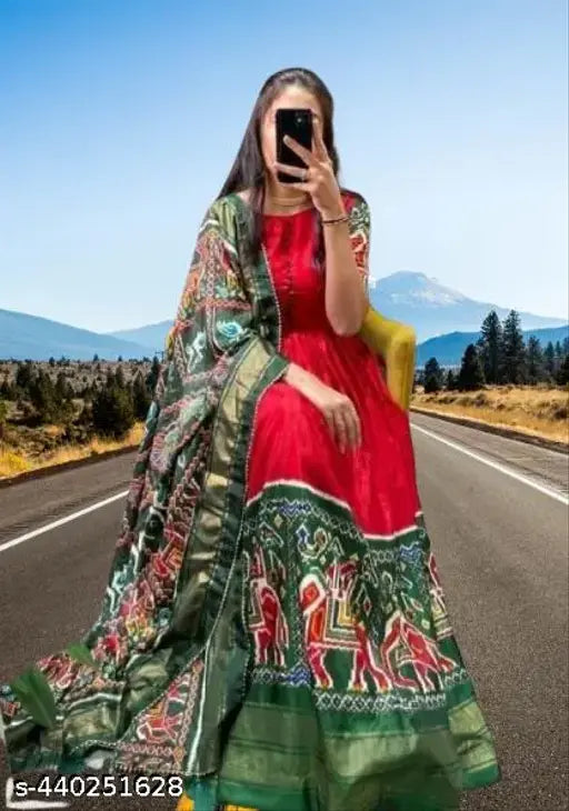 Anarkali Silk Blend Patola Digital Print Long Gown with Dupatta, traditional Indian wear in vibrant colors and intricate patterns