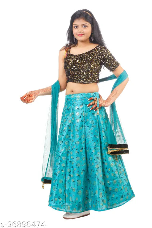 Blue velvet midi lehenga, cotton cambric with floral embroidery, knee-length princess party dress for baby girls