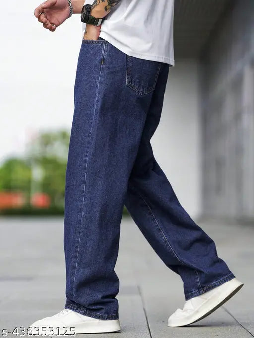 Dark blue denim jeans, loose fit, casual wear