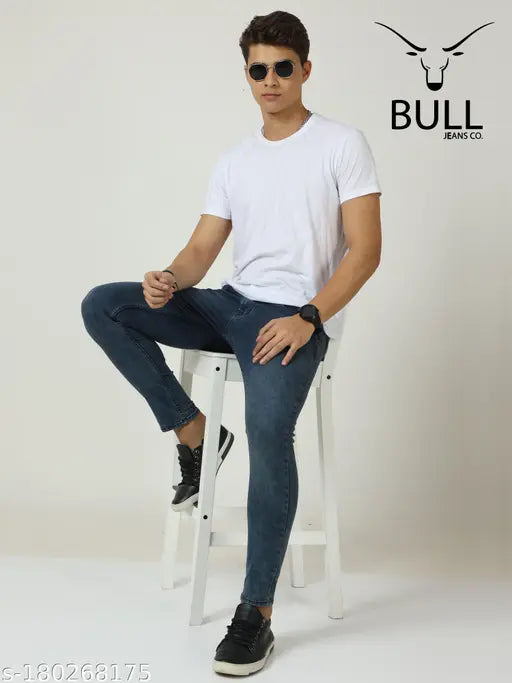 Stylish blue denim jeans by Bull Jeans, faded and solid pattern, size 38 (40 waist, 45 length)