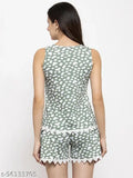 Claura cotton nightsuit for women, sleeveless short and top with printed net pattern on display