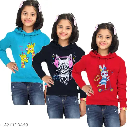 Cotton girls hoody t-shirts combo pack of 3, printed long sleeve sets for kids aged 2-10 years, made in India