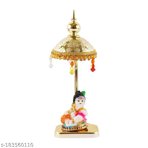 Marble & polyresin Ladu Gopal Ji with gold-plated colored umbrella - exquisite Indian divine decor and gift