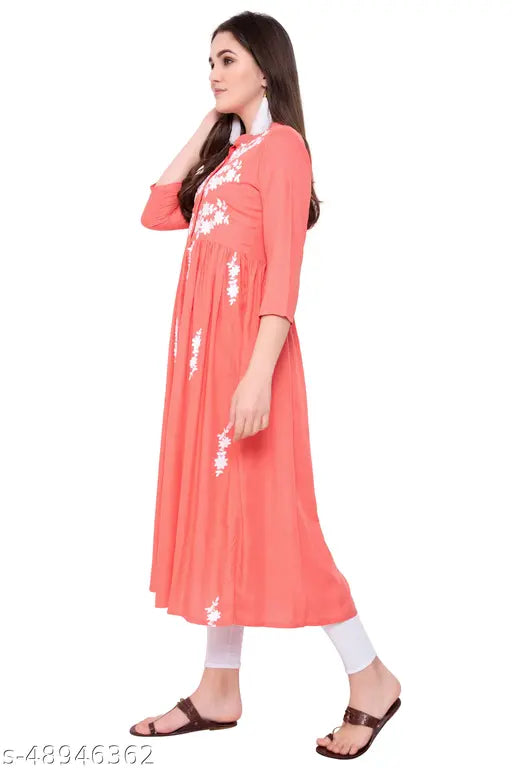 Embroidered Rayon Kurta, high quality, three-quarter sleeves, embroidery pattern, VEER SA Fashion on mannequin