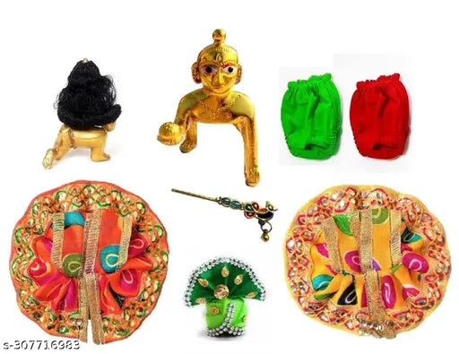 Metal Krishna Idol set: Laddu Gopal murti, pushak, nappy-hair bansuri pagdi, traditional Indian Krishna figurine with accessories