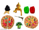 Metal Krishna Idol set: Laddu Gopal murti, pushak, nappy-hair bansuri pagdi, traditional Indian Krishna figurine with accessories