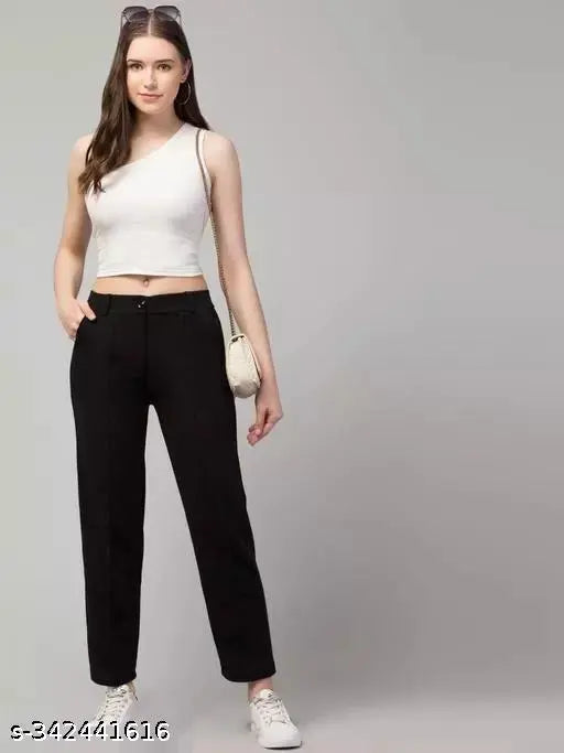 Cotton Lycra ANARA Fashion trousers, solid-colored women's high-rise pants with 2 front pockets