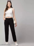 Cotton Lycra ANARA Fashion trousers, solid-colored women's high-rise pants with 2 front pockets