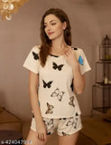 Multi-colored print women's cotton silk top and polyester pyjama set with drawstring, made for nightwear or activewear